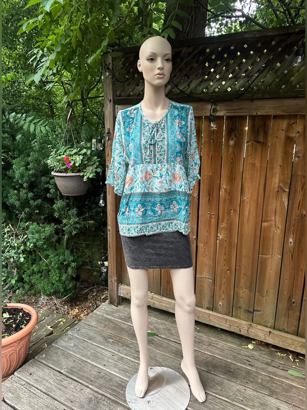 Boho Tie-Neck Floral Blouse  3/4  Sleeves